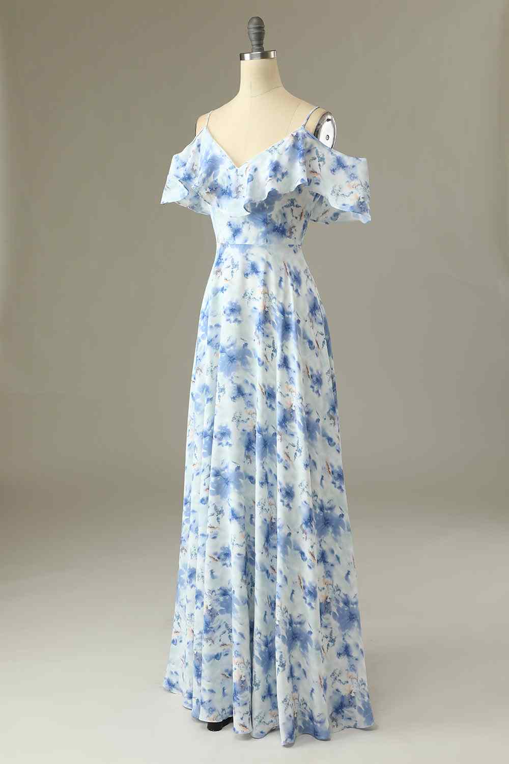 Blue Floral Prints A-line V Neck Flaunt Sleeves Chiffon Long Bridesmaid Dress Blue / US 10