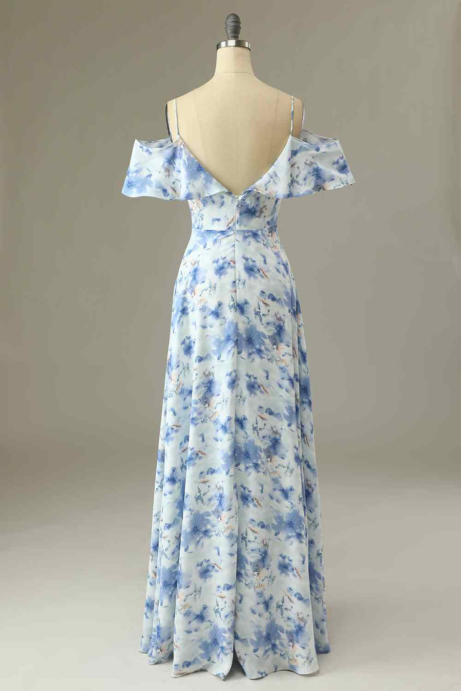 Blue Floral Prints A-line V Neck Flaunt Sleeves Chiffon Long Bridesmaid Dress Blue / US 10 Blue Floral Prints A-line V Neck Flaunt Sleeves Chiffon Long Bridesmaid Dress Blue / US 10