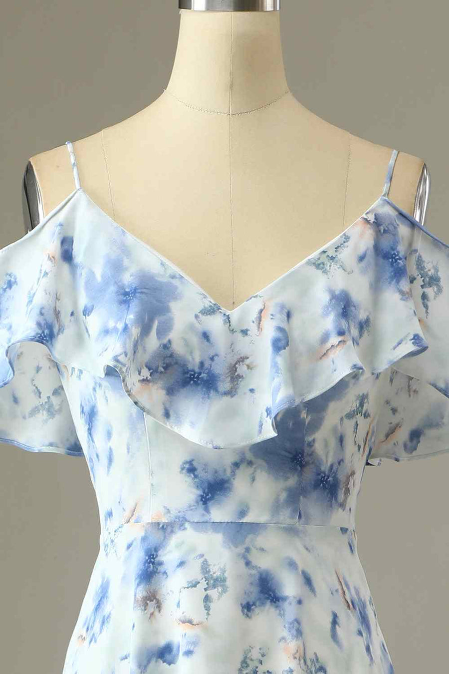 Blue Floral Prints A-line V Neck Flaunt Sleeves Chiffon Long Bridesmaid Dress