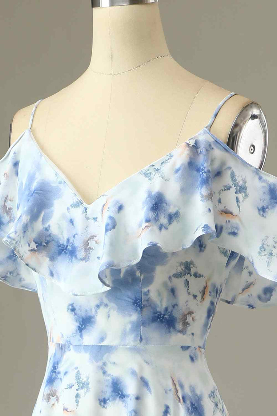 Blue Floral Prints A-line V Neck Flaunt Sleeves Chiffon Long Bridesmaid Dress