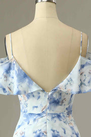 Blue Floral Prints A-line V Neck Flaunt Sleeves Chiffon Long Bridesmaid Dress