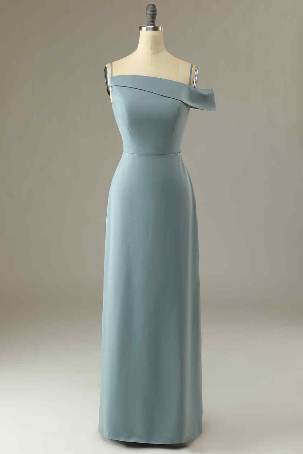 Dolphin Grey A-line Asymmetrical Neck Satin Long Bridesmaid Dress