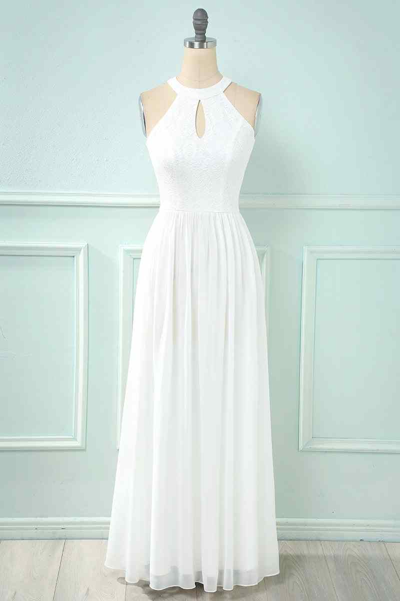 White A-line Halter Lace Cut-Out Chiffon Long Bridesmaid Dress