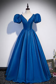 Blue V Neck Puff Sleeves Lace-Up Back Long Formal Dress