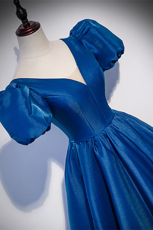 Blue V Neck Puff Sleeves Lace-Up Back Long Formal Dress