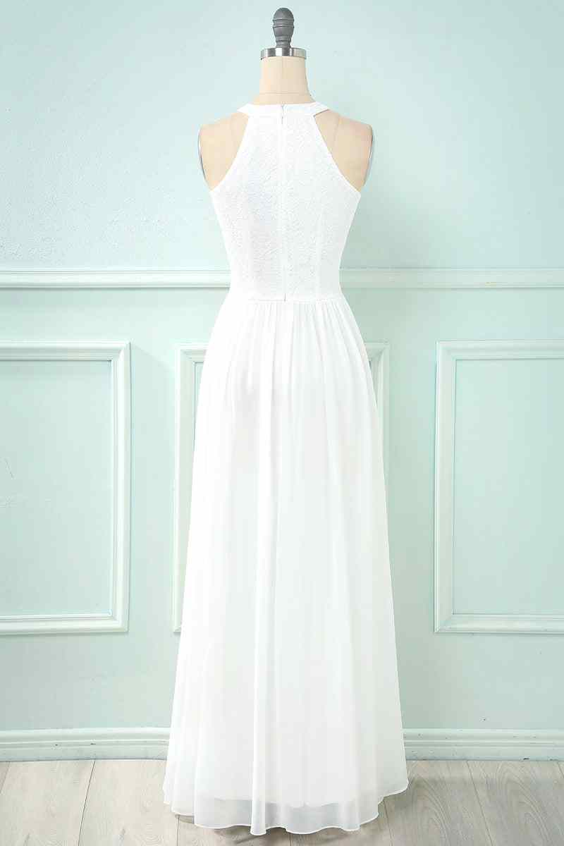 White A-line Halter Lace Cut-Out Chiffon Long Bridesmaid Dress