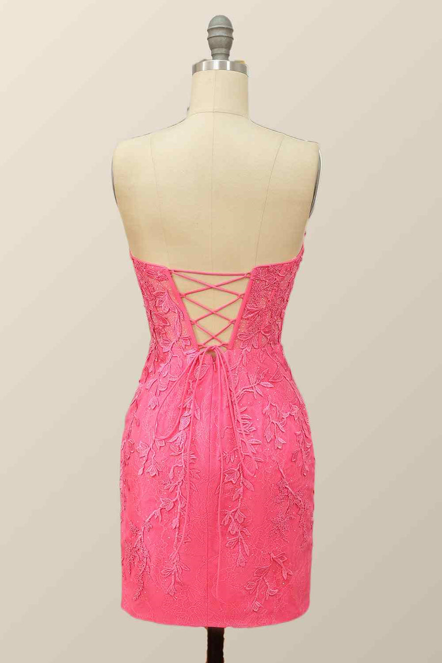 Hot Pink Sheath Strapless Lace-Up Back Applique Mini Homecoming Dress