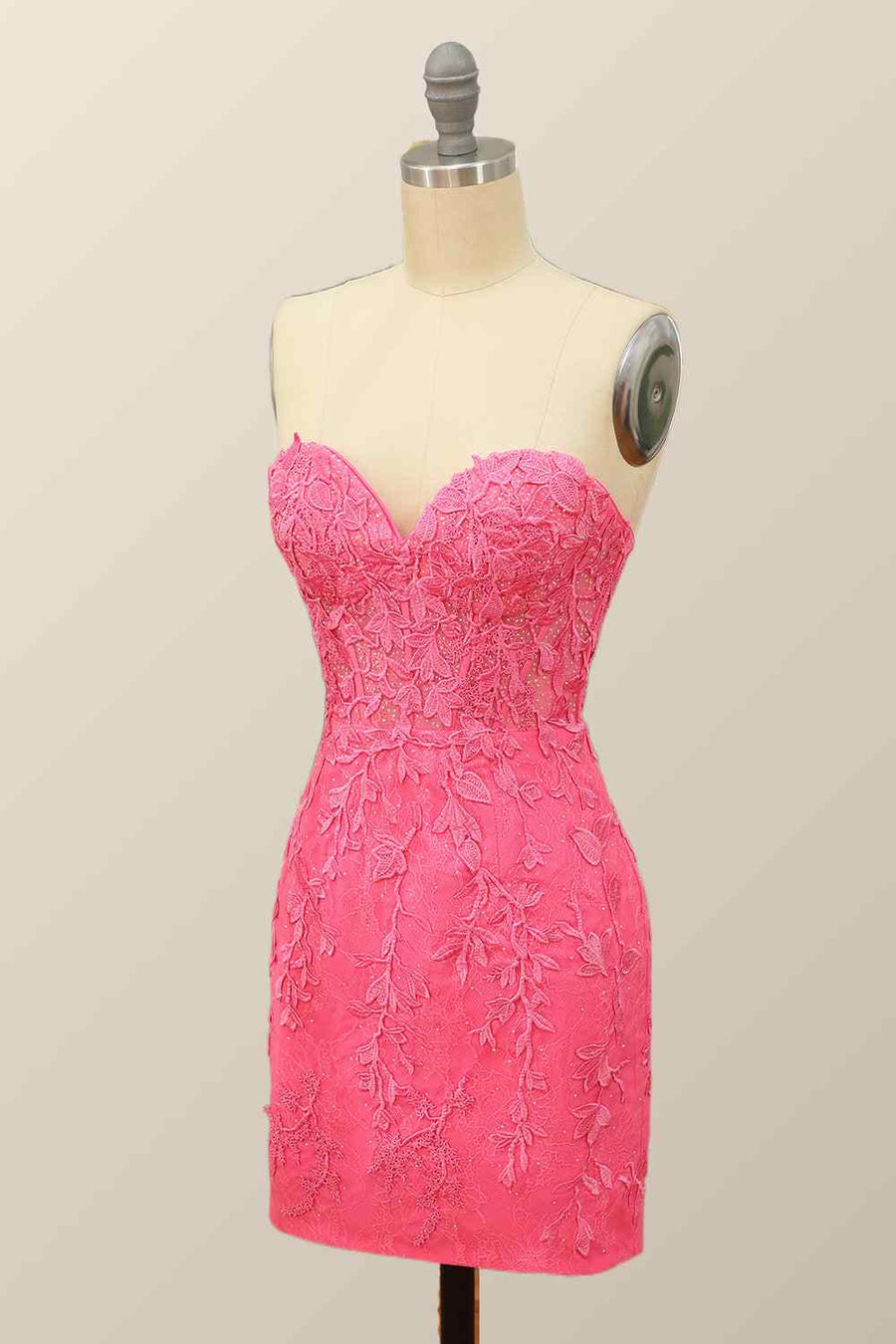 Hot Pink Sheath Strapless Lace-Up Back Applique Mini Homecoming Dress