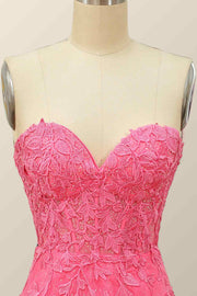Hot Pink Sheath Strapless Lace-Up Back Applique Mini Homecoming Dress