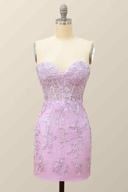 Lilac Sheath Strapless Lace-Up Back Applique Mini Homecoming Dress