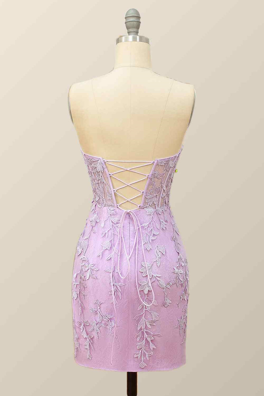 Lilac Sheath Strapless Lace-Up Back Applique Mini Homecoming Dress