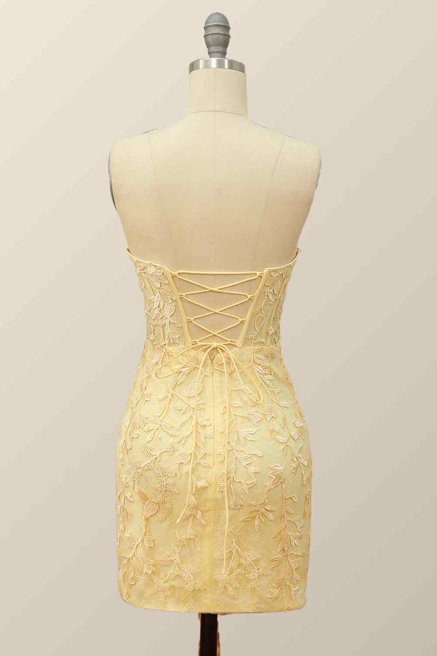 Sheath Strapless Appliques Lace-Up Back Mini Homecoming Dress Light Yellow / US 10 Sheath Strapless Appliques Lace-Up Back Mini Homecoming Dress Light Yellow / US 10