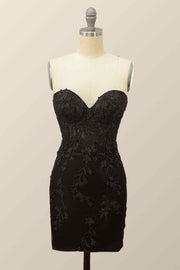 Black Sheath Strapless Lace-Up Back Applique Mini Homecoming Dress