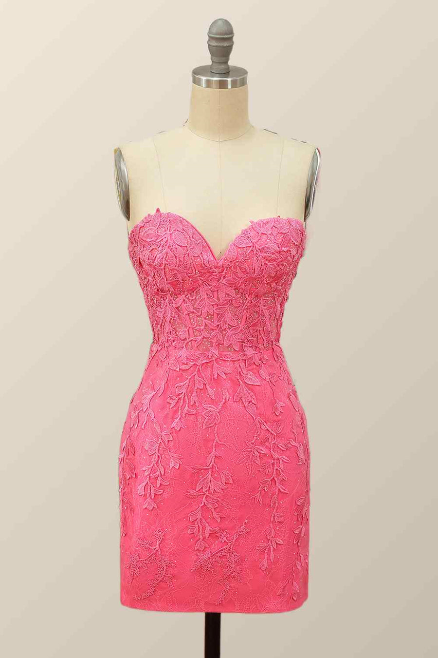 Hot Pink Sheath Strapless Lace-Up Back Applique Mini Homecoming Dress