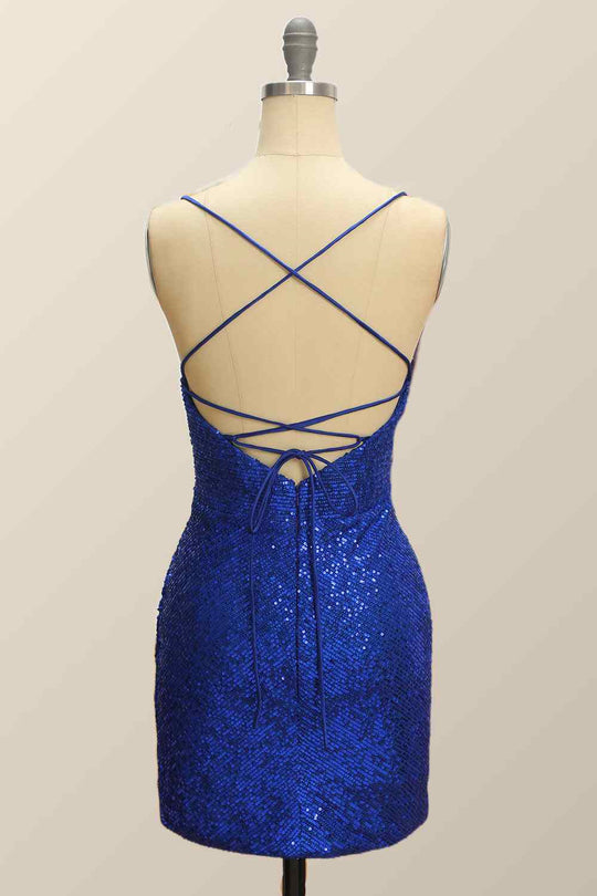 Royal Blue Sequins Deep V Neck Straps Sheath Homcoming Dress