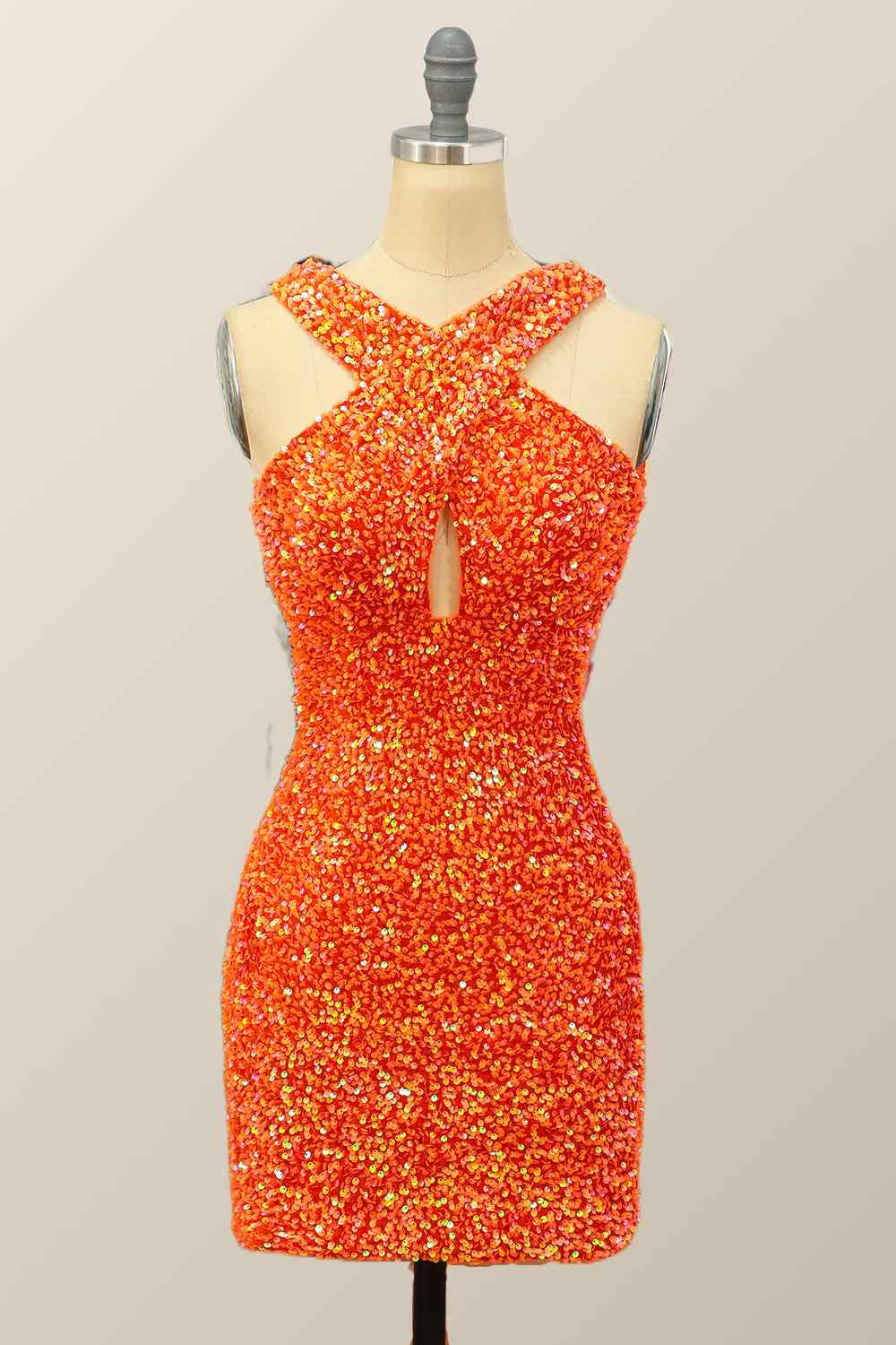 Orange Sheath Halter Sequins Cut-Out Mini Homecoming Dress