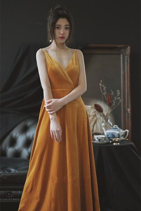 Yellow Velvet A-line Long Bridesmaid Dress