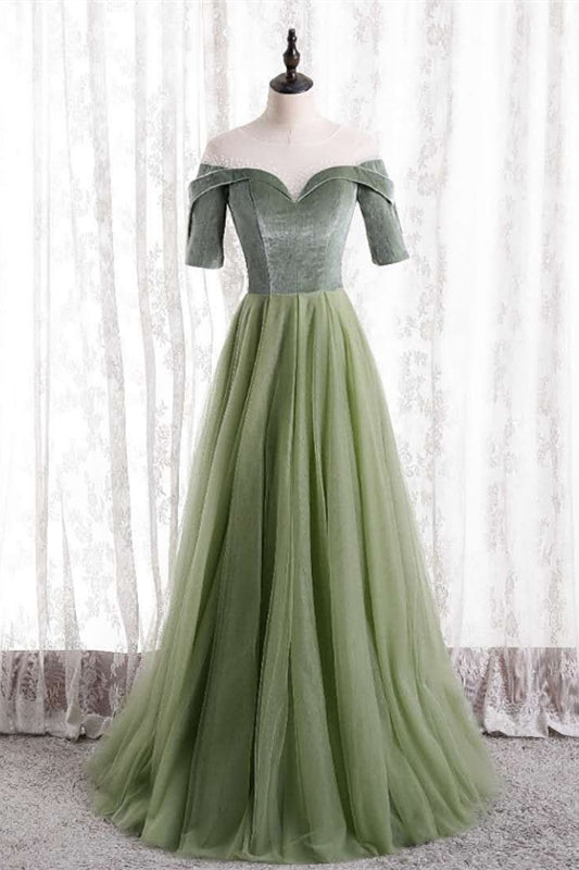 Dusty Sage Beaded Illusion Neck Off-the-Shoulder Long Formal Dress with Sleeves