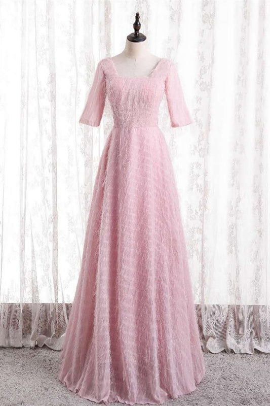 Pink A-line Square Neck Sleeves Textured Long Formal Dress with Feathers