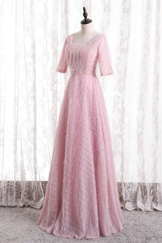 Pink A-line Square Neck Sleeves Textured Long Formal Dress with Feathers