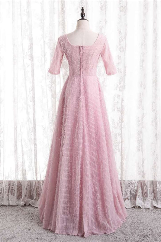 Pink A-line Square Neck Sleeves Textured Long Formal Dress with Feathers
