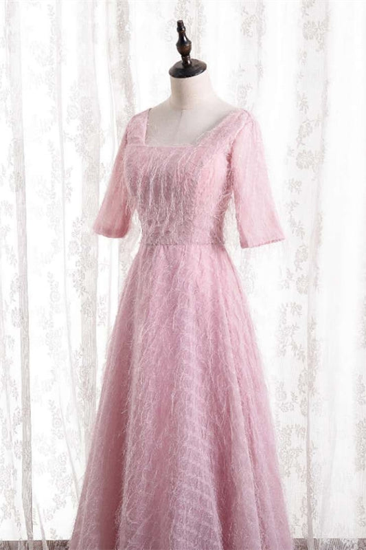 Pink A-line Square Neck Sleeves Textured Long Formal Dress with Feathers
